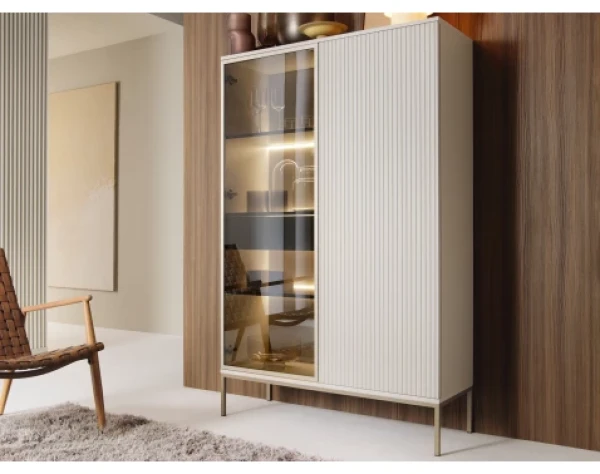 Vitrína Sento, kašmírově béžová/šampaň, s osvětlením