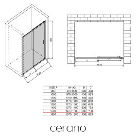 CERANO - Sprchové posuvné dveře Varone LINE L/P - 6 mm - černá matná, transparentní sklo - 150x195 CER-8050BD7555