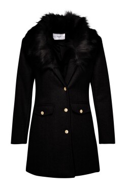 Trendyol černý prémiový kožešinový límec detailním kabátem se zlatými knoflíky
