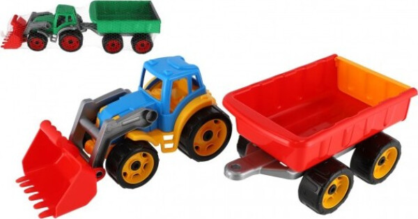 Traktor/nakladač/bagr s vlekem se lžící plast na volný chod 2 barvy v síťce 16x61x16cm