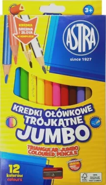 ASTRA Trojhranné pastelky 12ks Jumbo s ořezávátkem (včetně zlaté a stříbrné barvy) (158483)