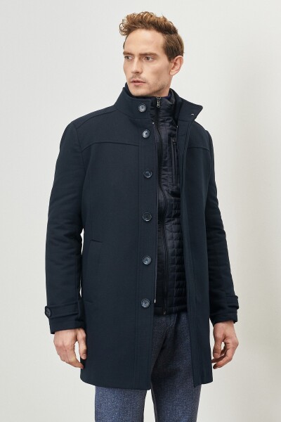 ALTINYILDIZ CLASSICS Men's Navy Blue Standard Fit Normal Cut High Neck Woolen Cachet Overcoat Coat