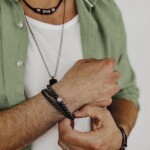 Pánský kožený náramek s lávovým kamenem José - chirurgická ocel, Černá 21 cm