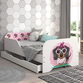 DumDekorace Kompletní dětská postel 160 x 80 cm s matrací a roštem - růžový jezevčík