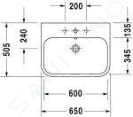 DURAVIT - Happy D.2 Umyvadlo nábytkové 650x505 mm, s 1 otvorem pro baterii, alpská bílá 2318650027