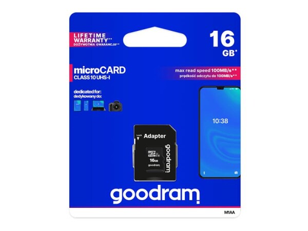 GOODRAM microSDHC 16GB + adaptér / Class 10 / UHS-I U1 / R: 100 MBs / W:10 MBs (M1AA-0160R12)