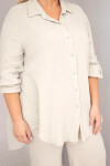 Dámský mušelínový komplet Plus Size s košilí zapínanou na knoflíky a s kalhotami s širokou nohavicí béžový UNI