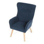 Křeslo, potah modrá manšestrová látka, dřevěné nohy, masiv kaučukovník