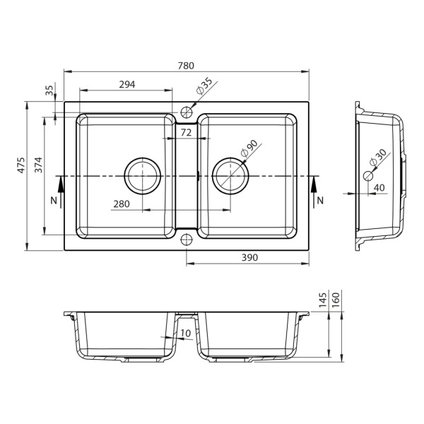 SAPHO - Granitový dvojdřez, 78x48cm, béžová GR2222