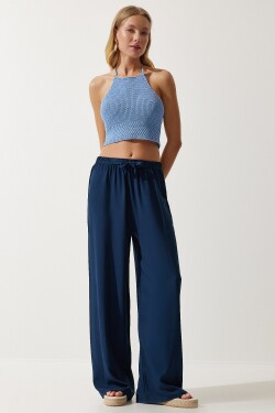 Happiness İstanbul Women's Navy Blue Flowy Knitted Palazzo Trousers