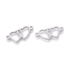 Mezidíl z nerezové oceli - dvojité srdce - platinový - 8 x 20 x 1 mm - 1 ks