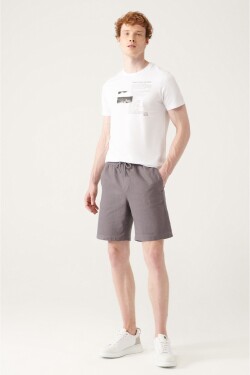 Avva Men's Anthracite 100% Cotton Side Pocket Elastic Waist Linen Textured Relaxed Fit Shorts