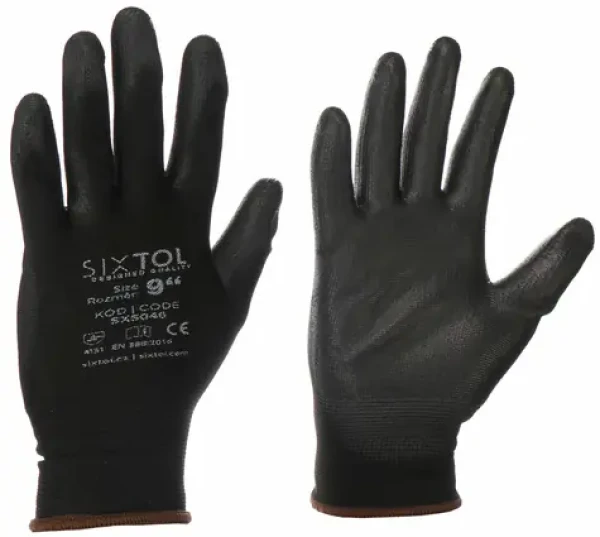 SIXTOL GLOVE PE-PU 9 černé / Rukavice pracovní z polyesteru polomáčené v polyuretanu / velikost 9 (SX5046)