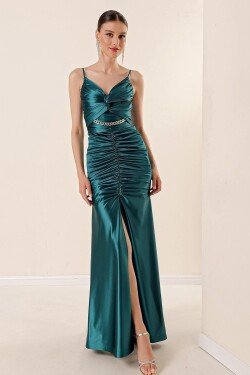 By Saygı Rope Strap Front Draped Chain Accessory Lined Satin Long Dress Emerald