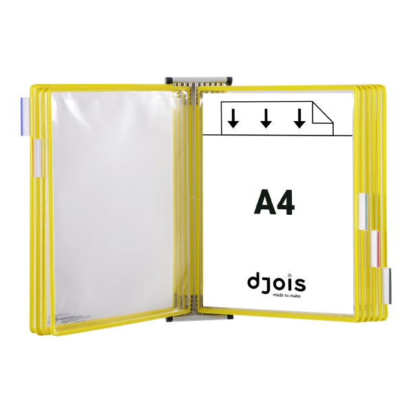 Djois nástěnný kovový držák s rámečky, 10 rámečků s kapsami A4 na výšku, žluté, 1 set