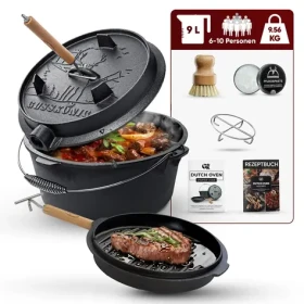 GUSSKÖNIG Litinový kotlík Dutch Oven 9 l bez nožiček / Předpálený / Pro 6-10 osob / Zvedák víka s podložkou (GK-6)