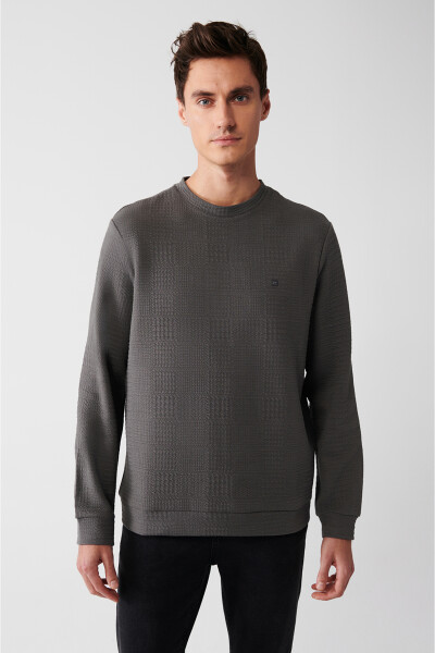 Avva Men's Anthracite Crew Neck Cotton Jacquard Standard Fit Regular Cut Sweatshirt