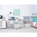 Dětská židle, modrá síťovina, bílý plastový kříž, kolečka na tvrdé podlahy