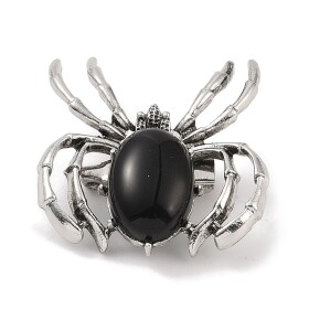 Kovová brož / přívěsek - Pavouk s obsidiánem - starostříbrná - 34 × 37 mm - 1 ks