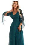 655-2 Dlouhé lehké třpytivé šaty s výstřihem a průhlednými rukávy - smaragdově zelené UNI