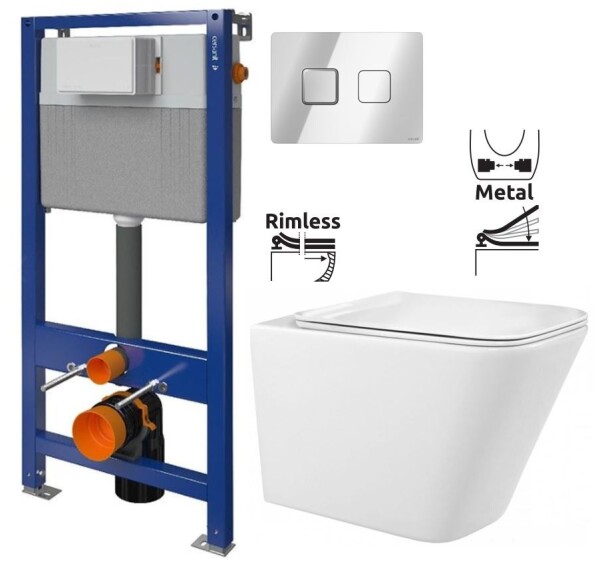 CERSANIT POD. SYSTÉM AQUA 52 PNEU S QF + TLAČÍTKO SQUARE CHROM + WC REA Raul Rimless + SEDÁTKO S97-062 SQCR RA1