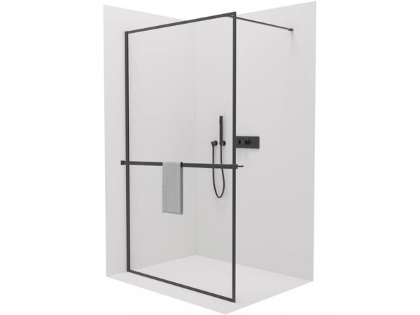 CERANO Sprchová zástěna Walk-in Moreli L/P + polička/držák na ručníky - černá matná, transparentní sklo - 130x200 cm