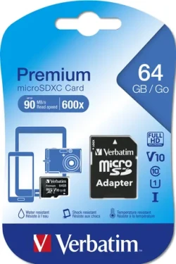 Verbatim Premium microSDXC 64GB + adaptér / Paměťová karta / UHS-I (U1) / Class 10 / V10 / R: 90 MB/s / W: 10 MB/s (44084)