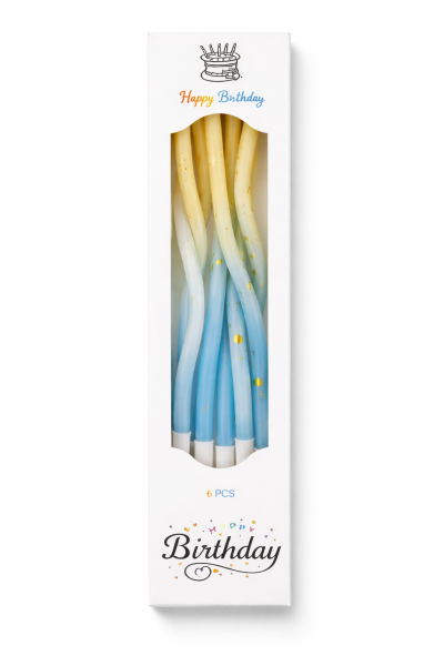 Dortové svíčky zakroucené modro-žlutá se zlatem 6ks