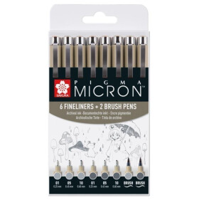 Sakura sada Pigma Micron Fineliners - 6 šedých technických popisovačů, 2 pěnové štětce