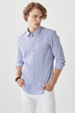 AC&Co / Altınyıldız Classics Men's White-blue Slim Fit Slim Fit Buttoned Collar Striped Shirt