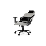 Herní křeslo, stříbrná látka, houpací mechanismus, polohování opěradla 90°-180°, 3D područky, polštáře z paměťové pěny,