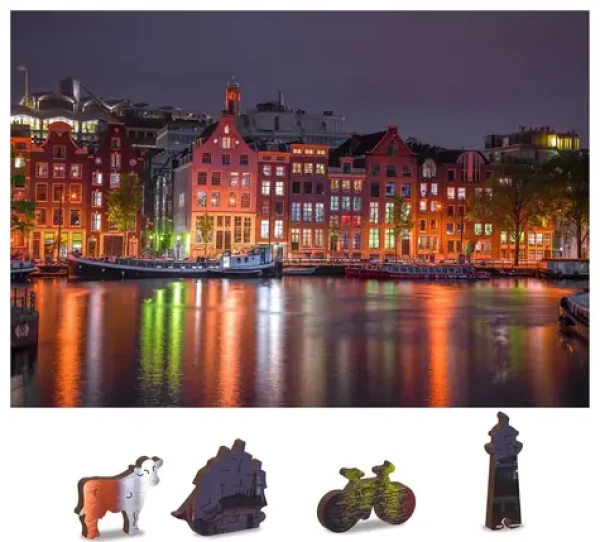 WOODEN CITY Dřevěné puzzle Noční Amsterdam 2v1