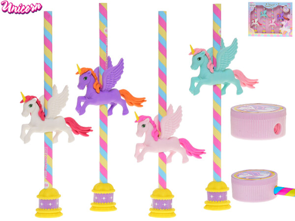Unicorn tužka s gumou a ořezávátkem, 4 ks