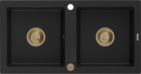 MEXEN/S - Mario granitový dřez 2-bowly 820 x 436 mm, černý, zlatý sifon 6504822000-77-G