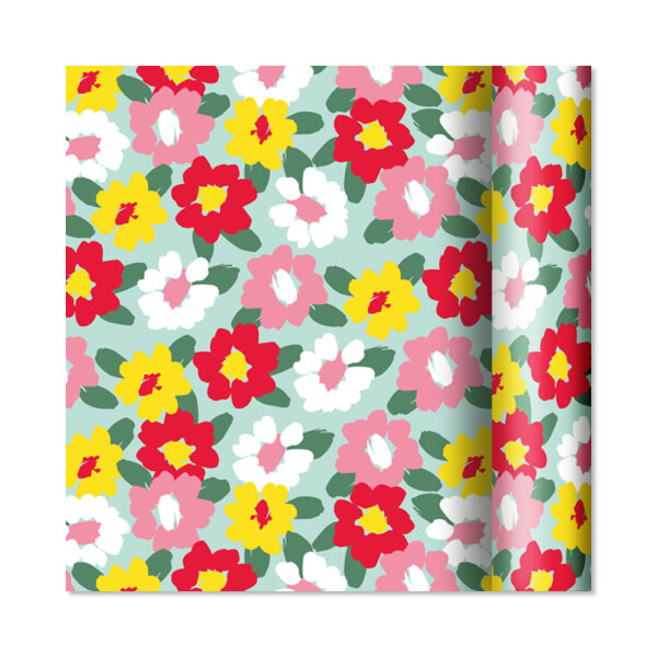 Dárkový papír - role 2 m × 70 cm - Barevné květy na mintové - Albi
