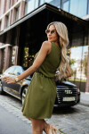 296-14 VICTORIA Trapézové šaty bez rukávů se zavazováním v pase - khaki barva M