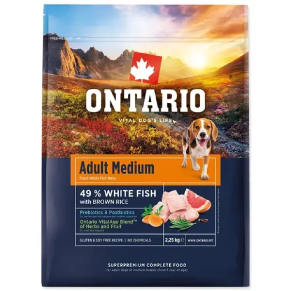 Ontario Adult Medium Fish Brown Rice 2.25kg / Granule pro dospělé psy (214-13121)