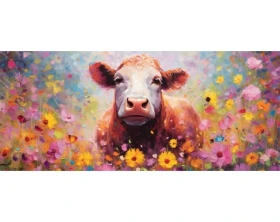 Obraz na plátně Kráva v květech 140x60 cm, efekt olejomalby