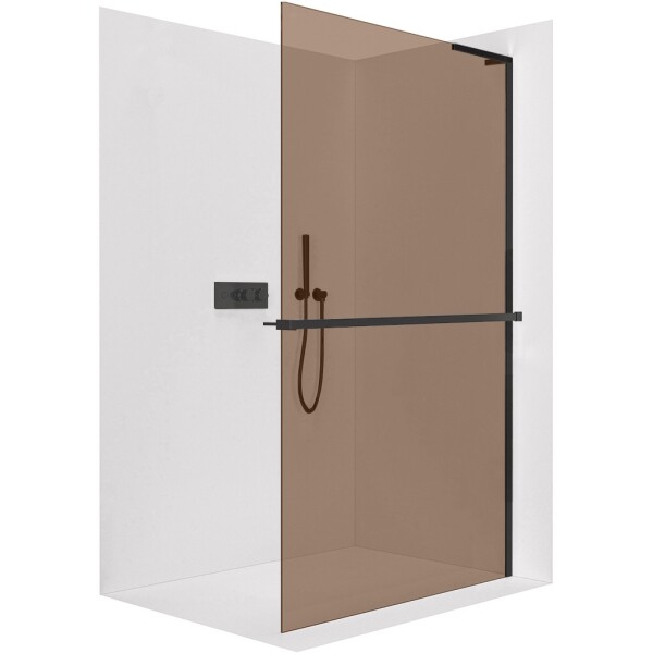 CERANO Sprchová zástěna Walk-in Onyx L-pravá vzpěra - 8 mm + polička/držák na ručníky - černá matná, bronzové sklo - 120x200 cm