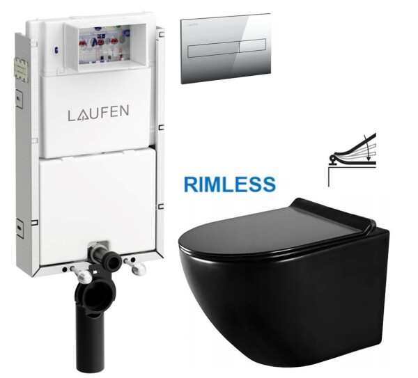 LAUFEN Podomít. systém LIS TW1 SET s chromovým tlačítkem + WC MEXEN LENA ČERNÁ Rimless + SEDÁTKO H8946630000001CR ME01