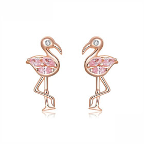 Stříbrné náušnice Plameňák s růžovými zirkony - stříbro 925/1000, Růžová