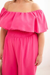 Dámský overal plus size s odhalenými rameny, volánem a širokými nohavicemi růžový UNI
