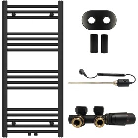 CERANO Koupelnový radiátorový set Benito - kombinované vytápění, termo tyč - středové připojení 50 mm - 300W - černá matná - 1000x450 mm