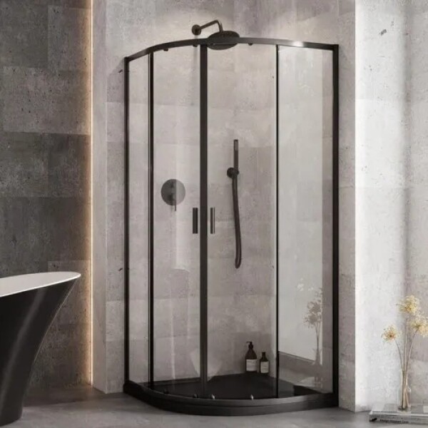 BESCO - Set čtvrtkruhový kout ZARYA BLACK + vanička AXIM STONE EFFECT - Barva rámu - Černá, Rozměr A - 80, Rozměr B - 80, Výplň - Čiré bezpečnostní sklo - 5 mm BCZBAXS80190
