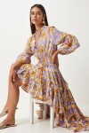 Happiness İstanbul Women's Lilac Yellow Patterned Asymmetrical Summer Long Viscose Dress