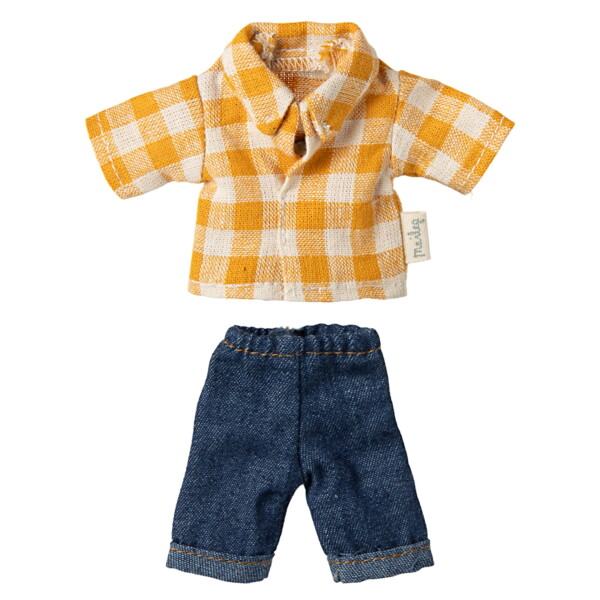 Maileg Kostkovaná košile a džíny pro myšáka Maileg Dad, žlutá barva, textil