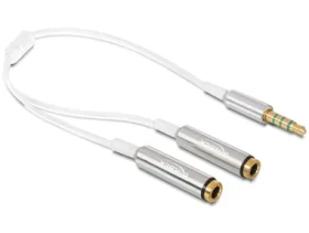 Delock adaptér stereo jack 3,5 mm samec,4 pin 2 x stereo jack 3,5 mm samice,4 pin / 25cm / bílý / stříbrný (65576)