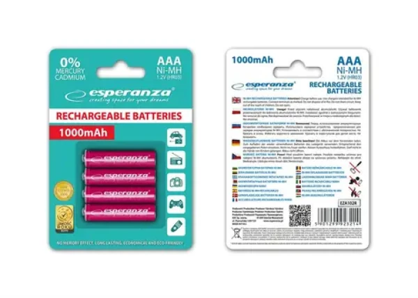 Esperanza Nabíjecí baterie AAA červená / 1.2V / 1000mAh / Ni-MH / 4 ks / v blisteru (EZA102R - 5901299923214)