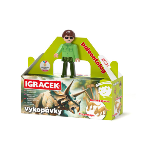 Igráček Paleontolog - figurka s vykopávkami dinosaurů Triceratopse a Brachiosaura