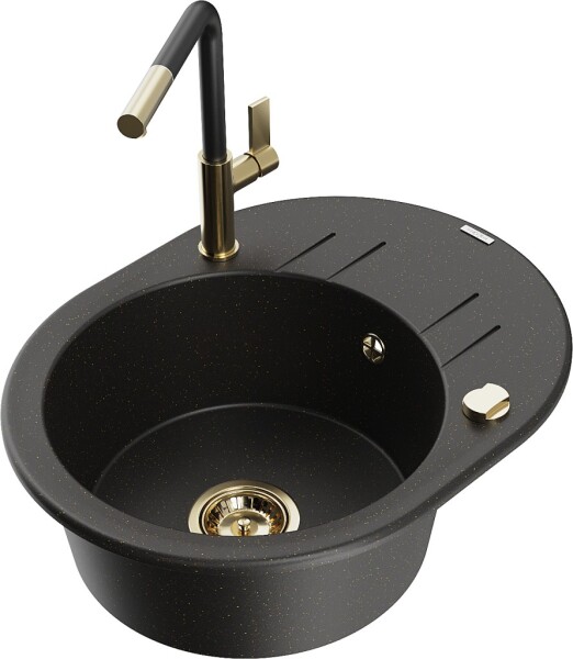 MEXEN/S - Kevin granitový dřez 1-miska s odkapávačem včetně baterie Flora, černá/zlatá metalik 6517-75-670401-57-G
